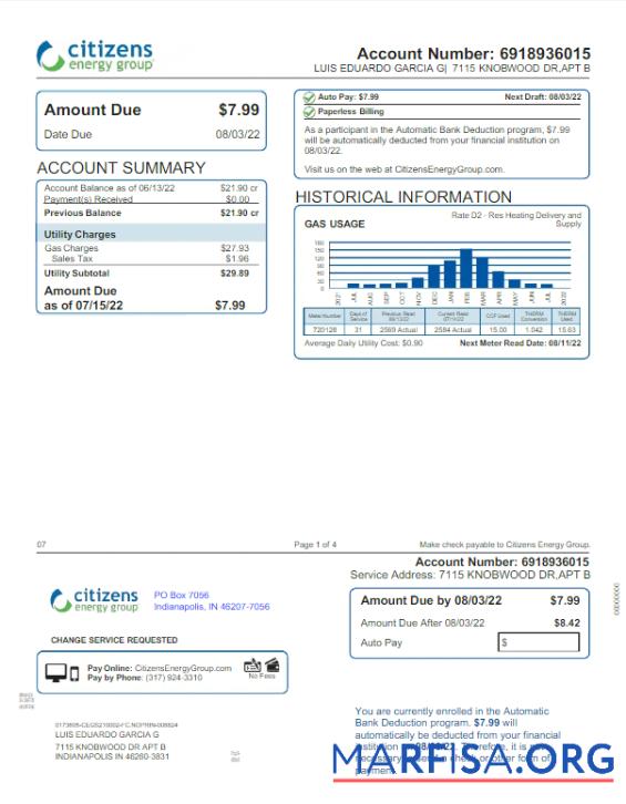 Realistic USA INDIANAPOLIS CITIZENS ENERGY GROUP utility bill Word and PDF template